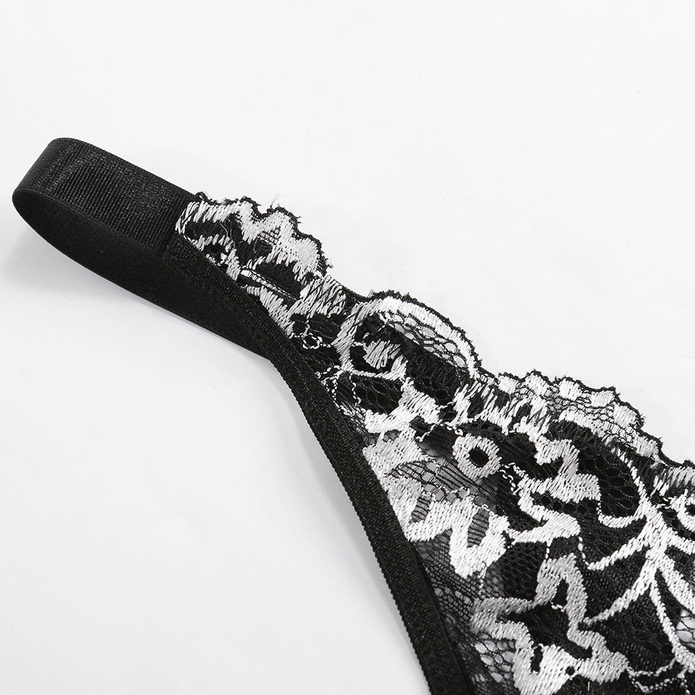 Two-piece floral embroidery lingerie set with deep-V briefs and push-up underwire bra, transparent and feminine from The Clothing Company Sydney.