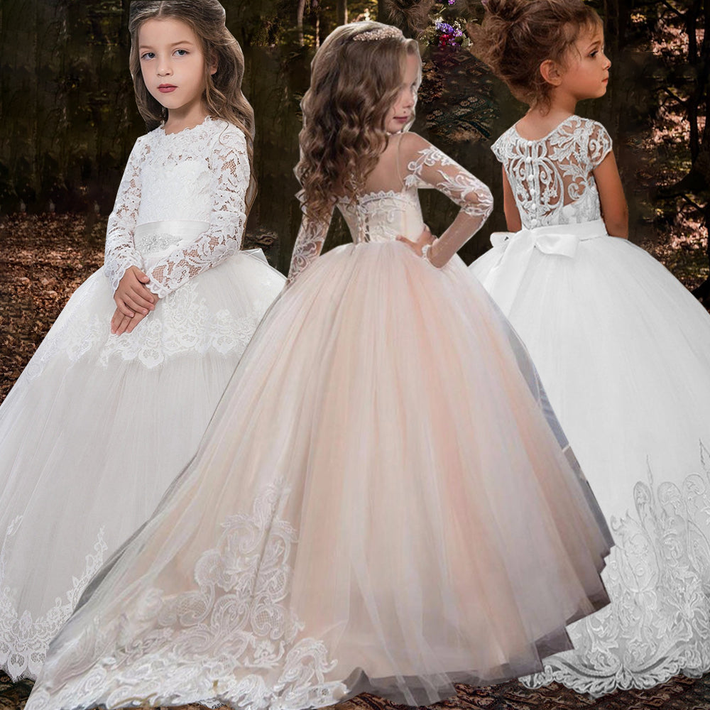 Long lace princess wedding dress for girls and kids, perfect for bridesmaids, teenagers, and children at parties or weddings.