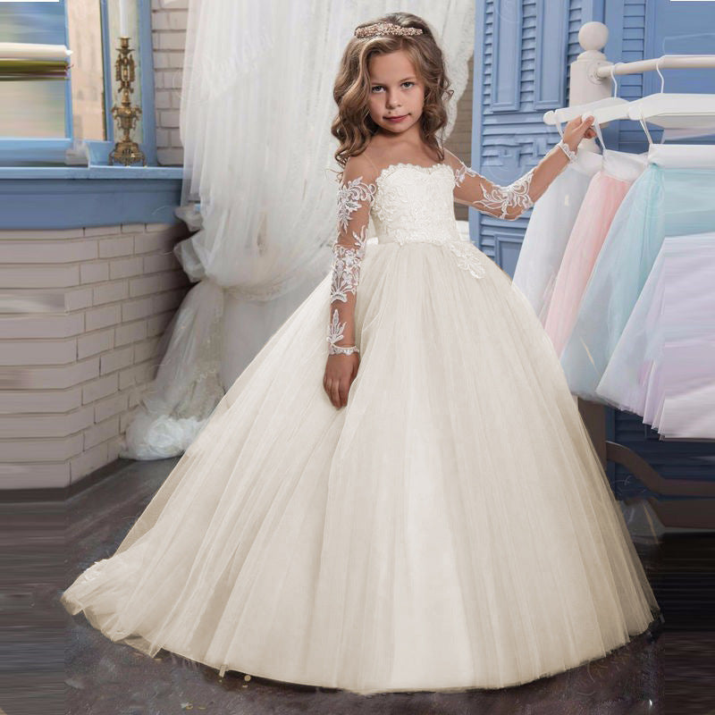 Kids' long lace princess wedding dress for girls and teenagers by The Clothing Company Sydney, featuring elegant lace details.