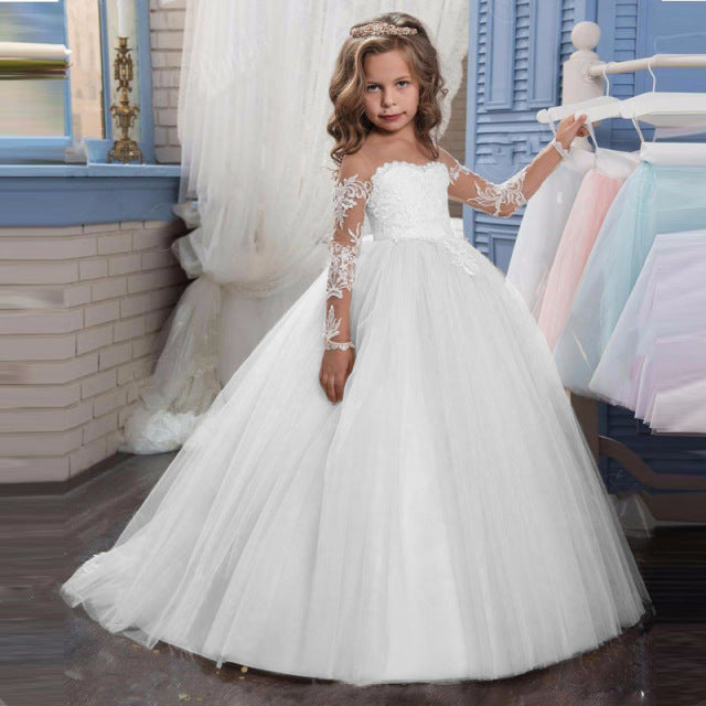 Kids girls' long lace princess wedding dress for bridesmaids, teenagers, and children by The Clothing Company Sydney.