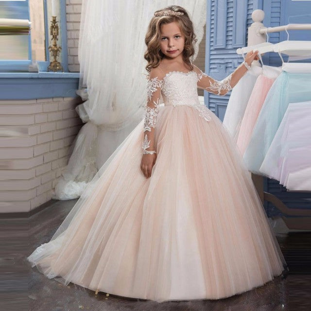 Long lace princess wedding dress for girls and kids, perfect for bridesmaids and parties, by The Clothing Company Sydney.