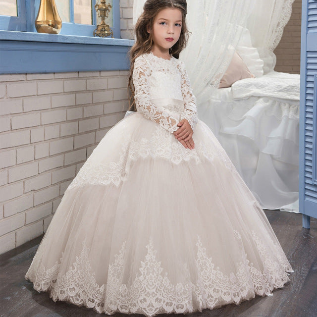 Long lace princess wedding dress for girls by The Clothing Company Sydney, perfect for bridesmaids, teens, and children at parties.