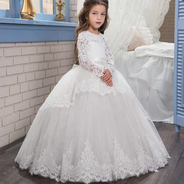 Girls' long lace princess wedding dress for kids by The Clothing Company Sydney, perfect for bridesmaids and special occasions.