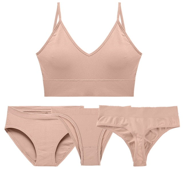 Five-piece cotton underwear set including bra, G-string, and panties from The Clothing Company Sydney, soft and seamless for comfort.