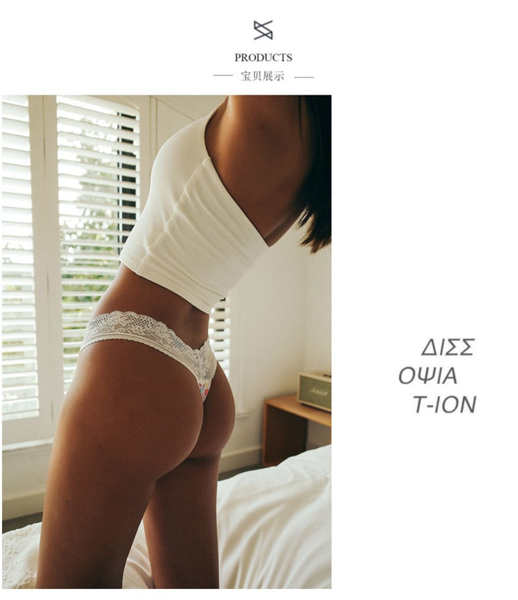 Seamless floral print low-waist lace thong underwear by The Clothing Company Sydney, breathable and comfortable G-string lingerie.