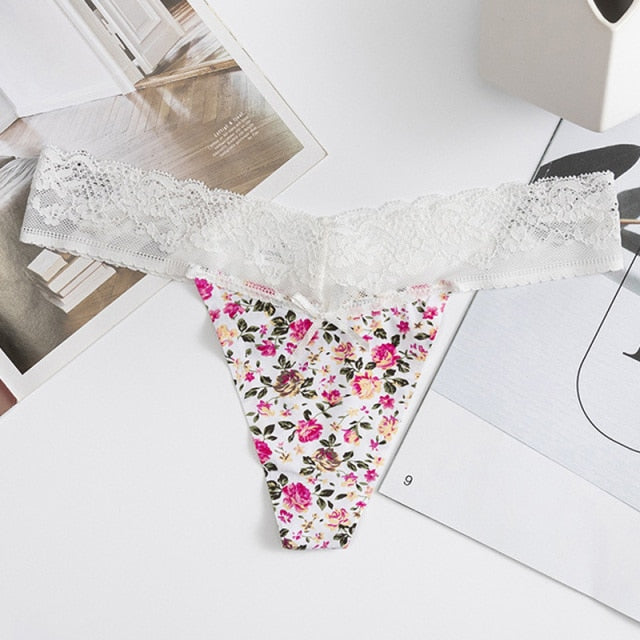 Floral print low-waist G-string underwear by The Clothing Company Sydney, seamless lace thong with breathable, comfortable design.