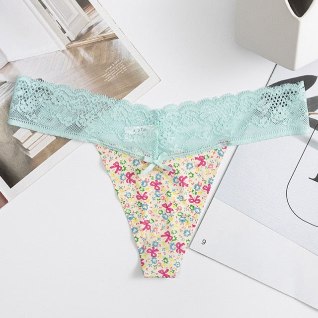 Low-waist floral print lace G-string underwear from The Clothing Company Sydney, seamless breathable thong for women.