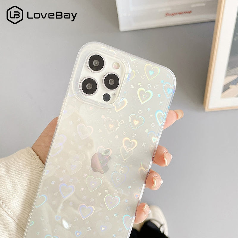 Clear iPhone case with gradient laser love heart pattern, compatible with iPhone 11, 12 Pro Max, 13, X, XS, XR, 7, 8 Plus, SE.