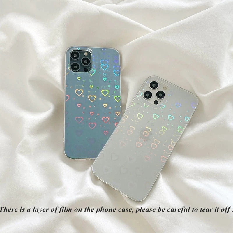 Clear iPhone 11 12 13 7 8 Plus SE case with gradient laser love heart pattern, designed by The Clothing Company Sydney.