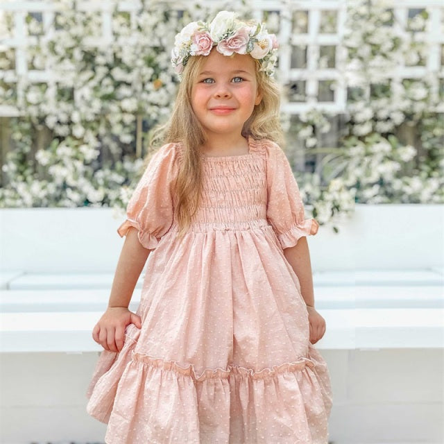 Girls princess fairy puff short-sleeve summer dress by The Clothing Company Sydney, featuring a pink ball gown with elegant details.