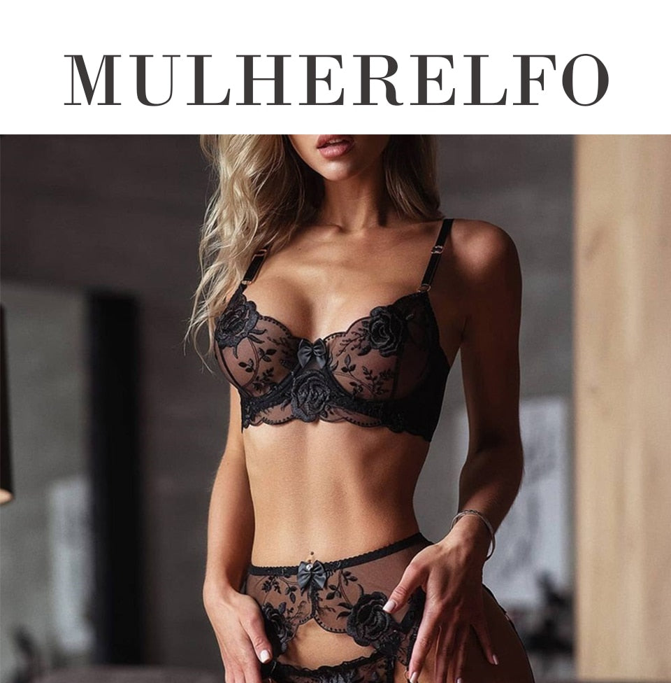 Flower embroidered lingerie set with lace, push-up underwire bras, and garter panties from The Clothing Company Sydney.