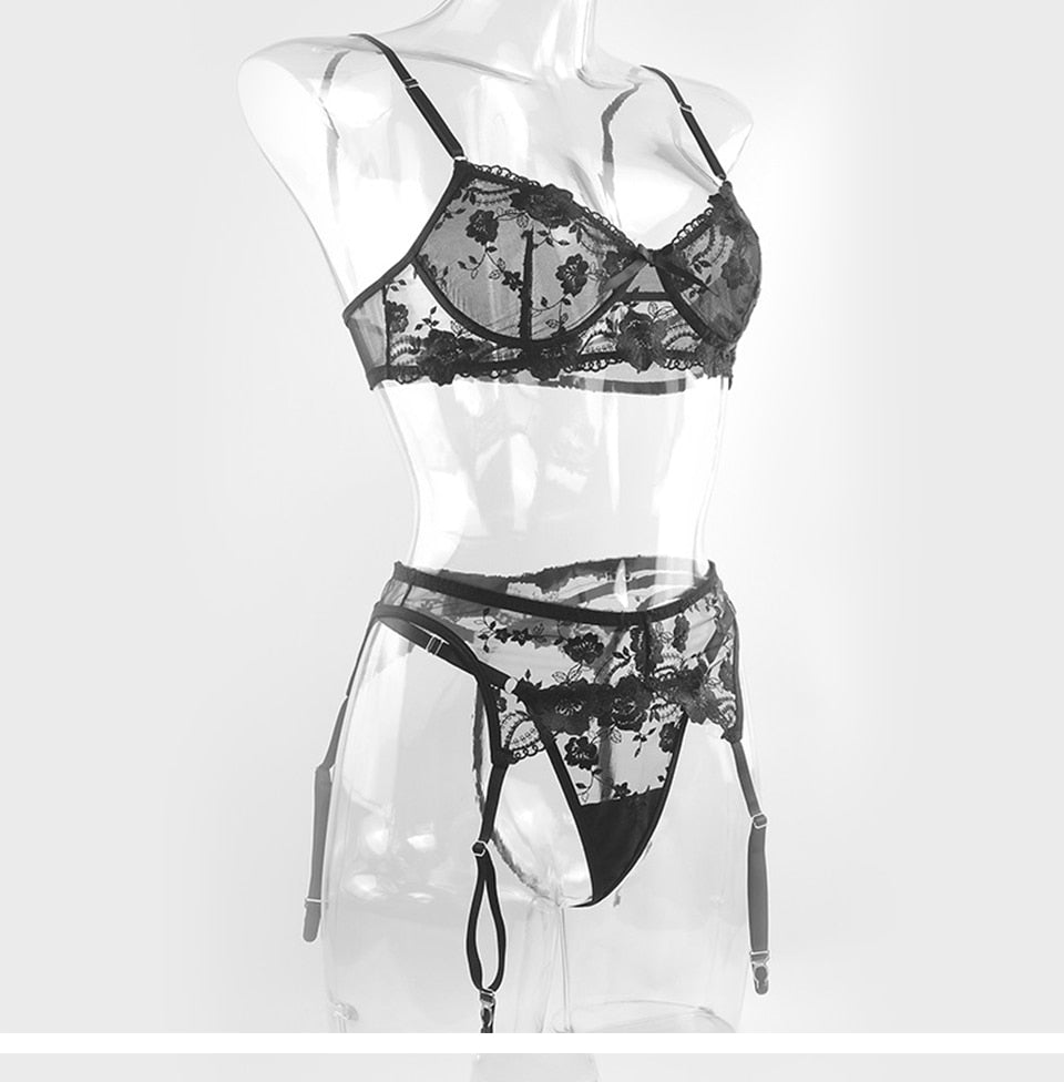 Flower embroidered lingerie set by The Clothing Company Sydney, includes lace push-up underwire bras and garter panties.