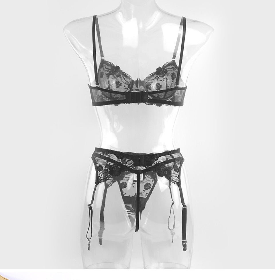 Flower embroidered lace lingerie set with push-up underwire bras and garter panties, designed by The Clothing Company Sydney.