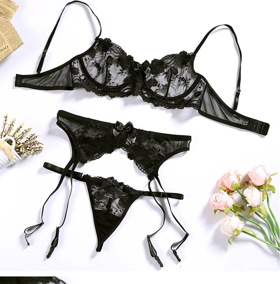 Flower embroidered lace lingerie set with push-up underwire bras and garter panties, designed for elegance and comfort.