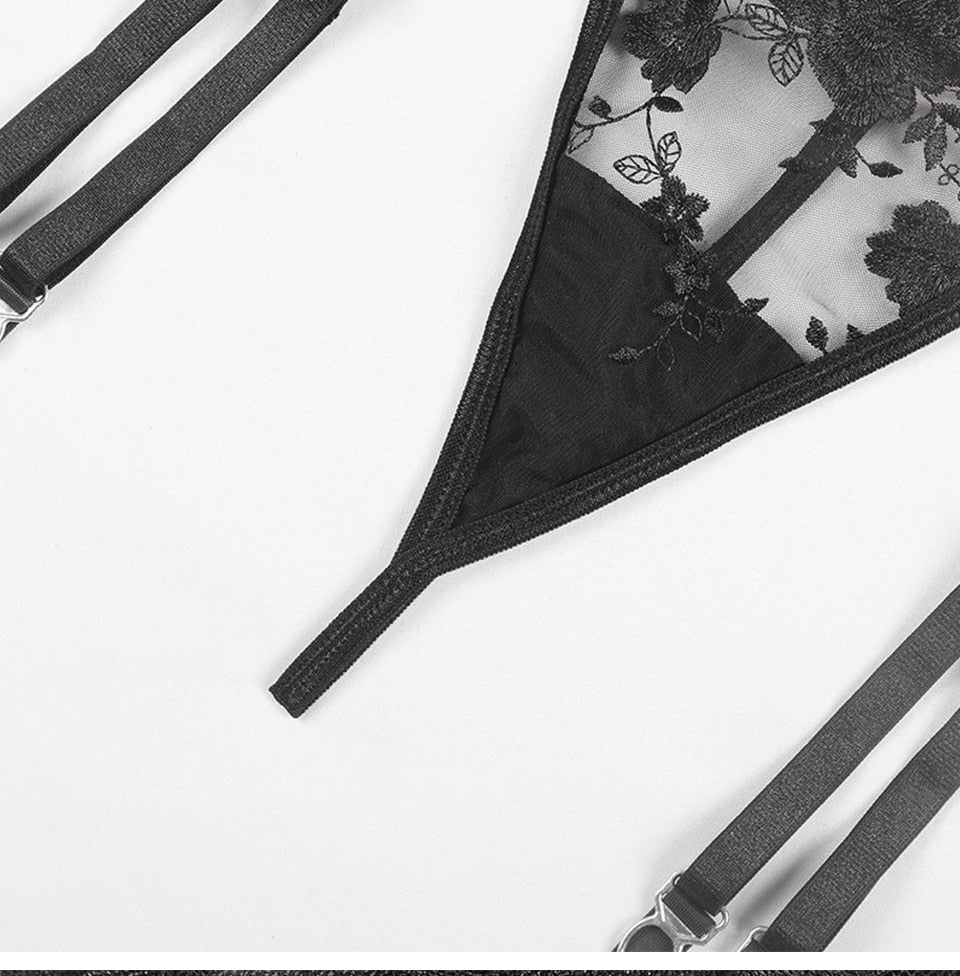 Flower embroidered lingerie set with lace underwear, push-up underwire bras, and garter panties from The Clothing Company Sydney.
