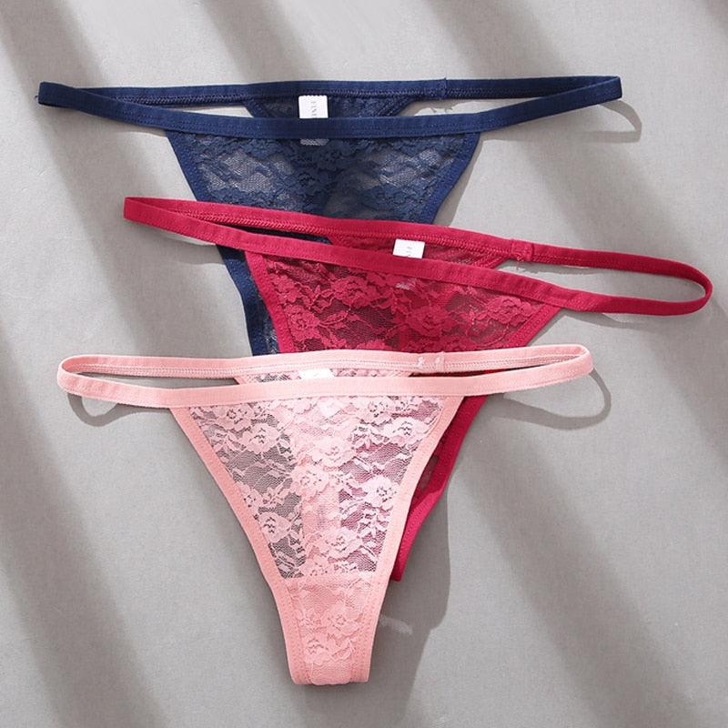 Two floral lace G-string thongs with low waist design and hollow-out T-back style, transparent briefs from The Clothing Company Sydney.