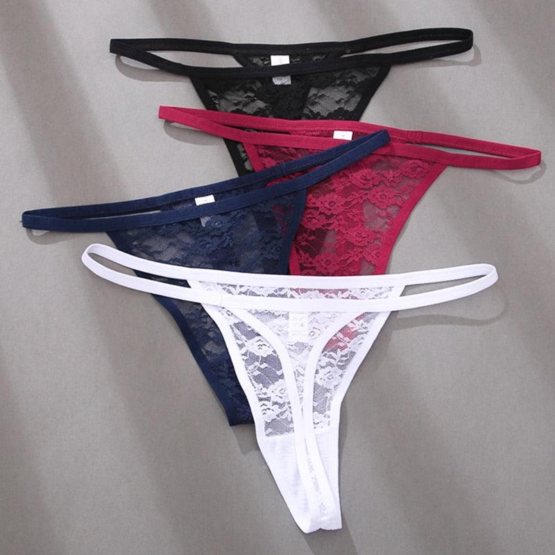 Two floral lace thong G-strings with low waist, T-back design, transparent briefs from The Clothing Company Sydney.