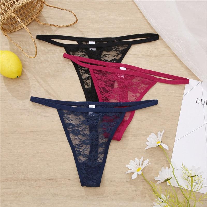 Two floral lace G-string underwear from The Clothing Company Sydney, low waist, hollow out T-back transparent briefs.