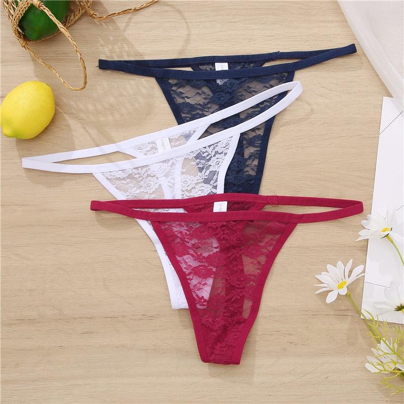 Two pack floral lace G-string underwear with low waist design, T-back style, and transparent hollow-out briefs from The Clothing Company Sydney.