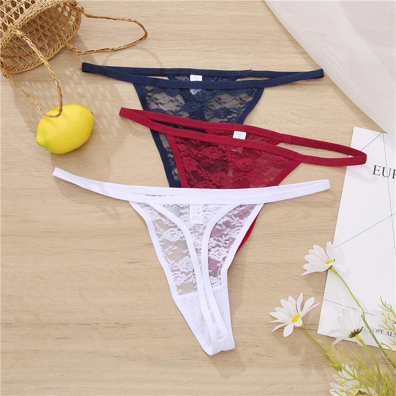 Two floral lace G-string thongs with low waist, hollow-out design, T-back style, transparent briefs from The Clothing Company Sydney.