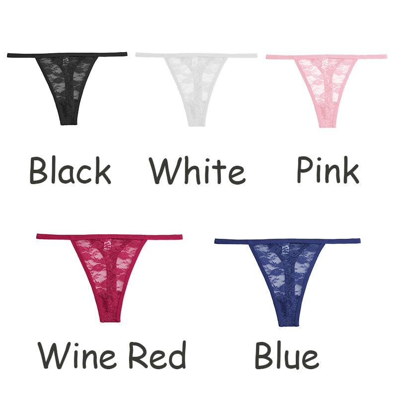 Two floral lace G-string low waist panties with hollow-out T-back design, transparent briefs from The Clothing Company Sydney.