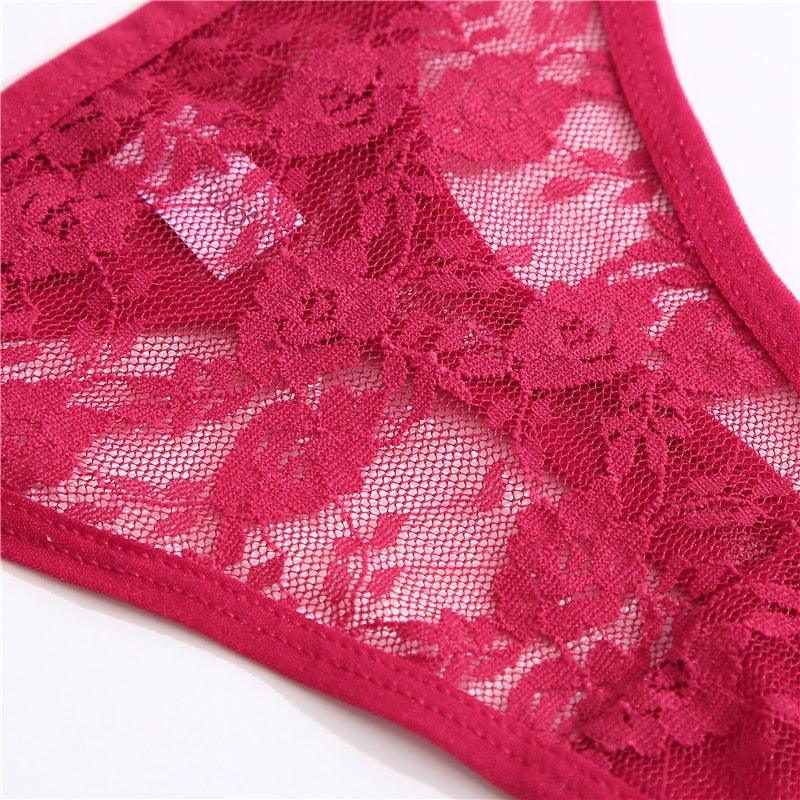 Two-pack floral lace G-string underwear with low waist, hollow-out design, transparent briefs, and T-back from The Clothing Company Sydney.
