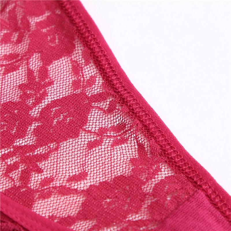 Two floral lace G-string underwear in a 2-pack, low waist, hollow-out design, transparent T-back briefs by The Clothing Company Sydney.