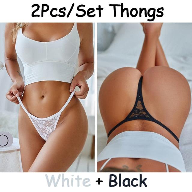 Two floral lace G-string panties from The Clothing Company Sydney featuring low waist, hollow out design, and T-back style.