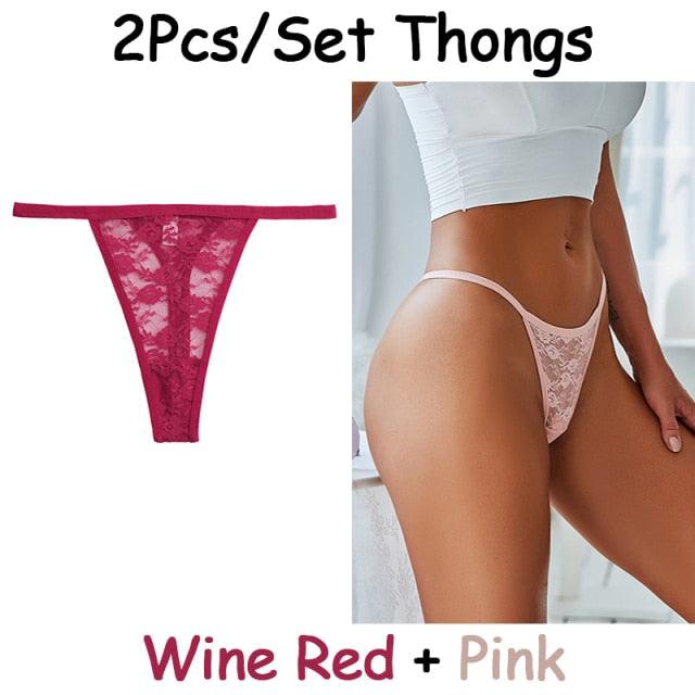 Two-pack floral lace G-string thongs with low waist, hollow out design, T-back style, transparent briefs from The Clothing Company Sydney.
