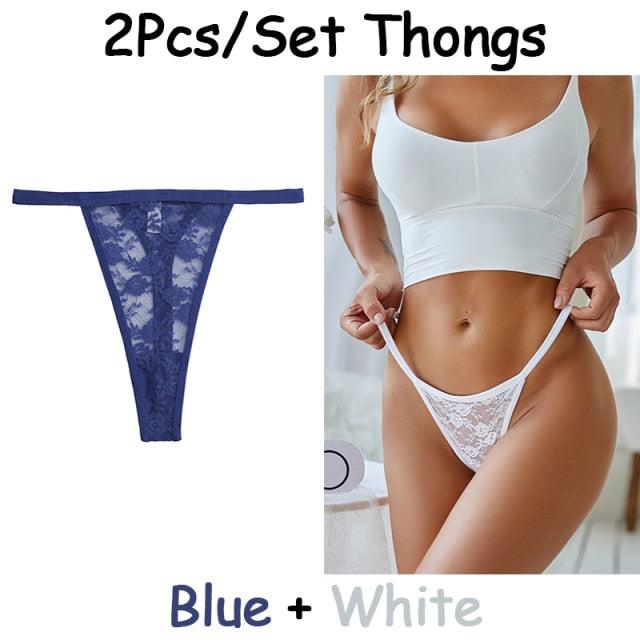 Two floral lace G-string thongs with low waist design, transparent T-back briefs from The Clothing Company Sydney.
