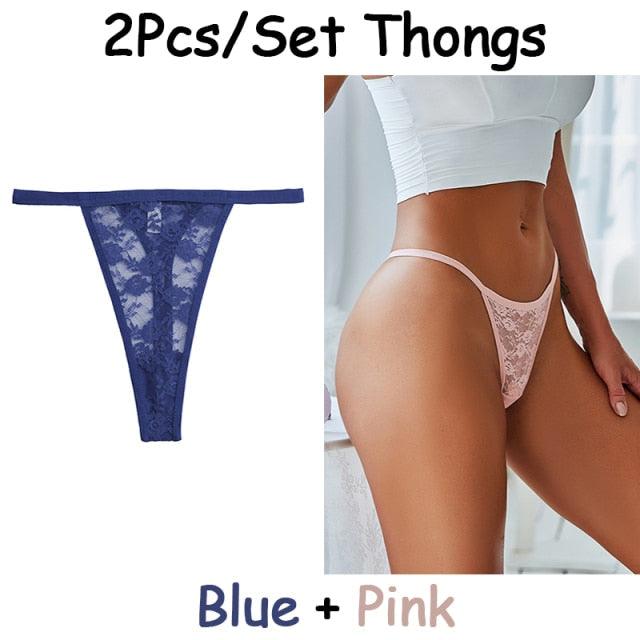 Two floral lace thong G-strings by The Clothing Company Sydney, low waist, transparent briefs with hollow out T-back design.