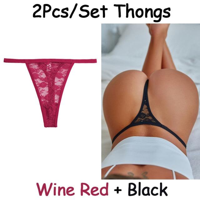 Two floral lace G-string thongs from The Clothing Company Sydney, low waist, hollow out T-back transparent underwear for women.