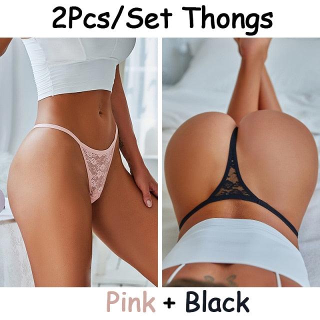 Two-pack floral lace G-string underwear with low waist, hollow out design, transparent briefs, T-back style from The Clothing Company Sydney.