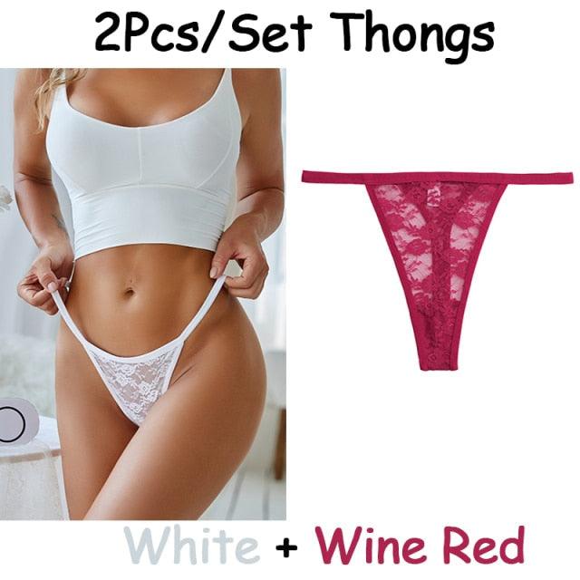 Two-pack floral lace thong underwear from The Clothing Company Sydney, featuring low waist, T-back design, and transparent hollow out briefs.
