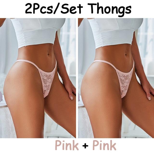 Two floral lace G-string thongs from The Clothing Company Sydney featuring low waist, hollow-out design and T-back transparent briefs.