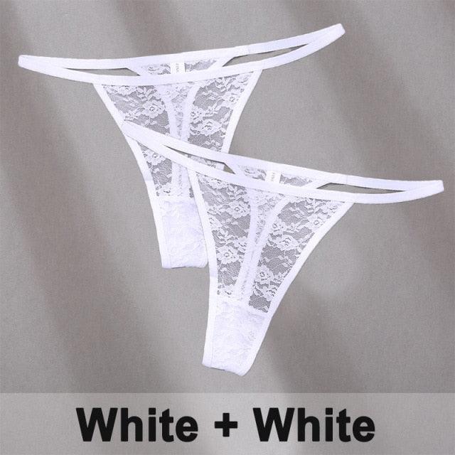 Two floral lace G-string thongs with low waist design, transparent T-back briefs from The Clothing Company Sydney.