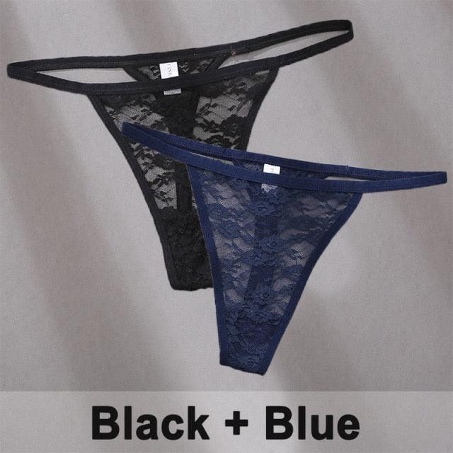 Two floral lace thong G-strings with low waist, hollow out design, T-back, transparent briefs from The Clothing Company Sydney.