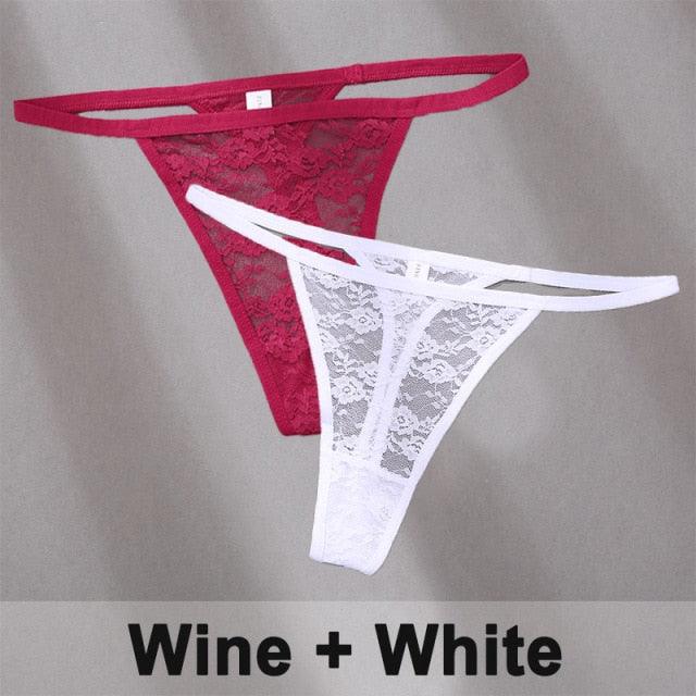Two floral lace G-string thongs with low waist design and hollow-out T-back, transparent briefs from The Clothing Company Sydney.