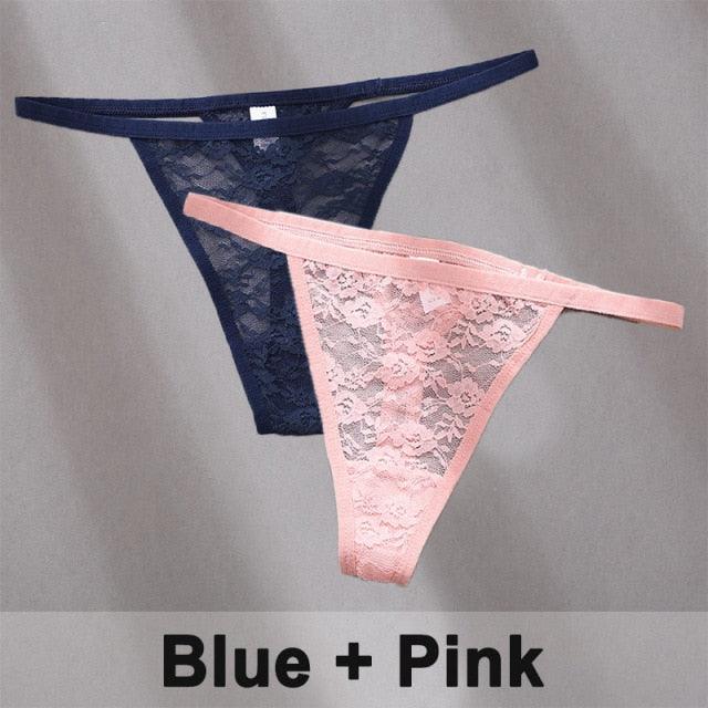 Two floral lace G-string thongs with low waist, hollow out T-back design, transparent briefs from The Clothing Company Sydney.