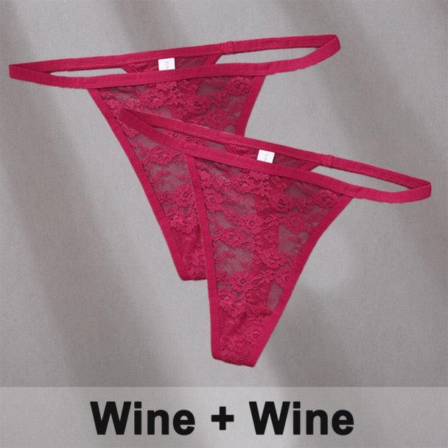 Two floral lace thong underwear with low waist, hollow out T-back design, transparent briefs from The Clothing Company Sydney.