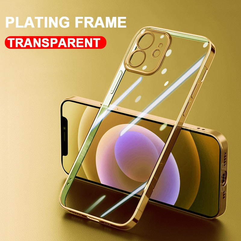 Luxury plating square frame transparent silicone phone case for iPhone 11 to 13 Pro Max, clear and protective.