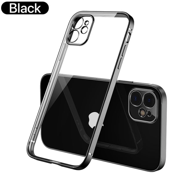 Luxury plating square frame clear silicone phone case for iPhone 11 to 13 Pro Max, featuring transparent design and soft silicone material.