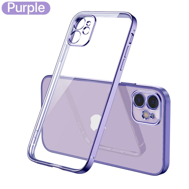 Luxury plating square frame clear silicone phone case for iPhone 11, 12, 13, and more, by The Clothing Company Sydney.