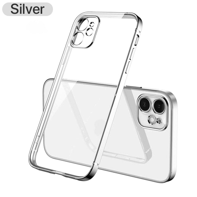 Luxury plating square frame transparent silicone phone case for iPhone 11 to 13 Pro Max and XR from The Clothing Company Sydney