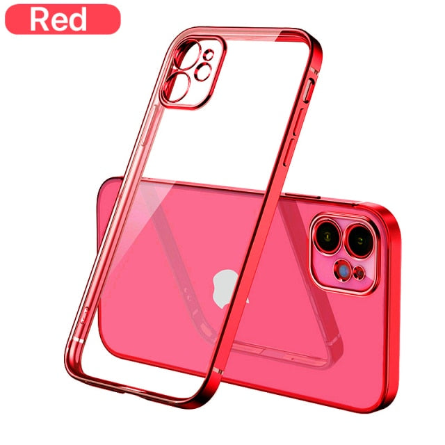 Clear silicone iPhone case with square gold-plated frame for iPhone 11 to 13 Pro Max, stylish protective cover by The Clothing Company Sydney