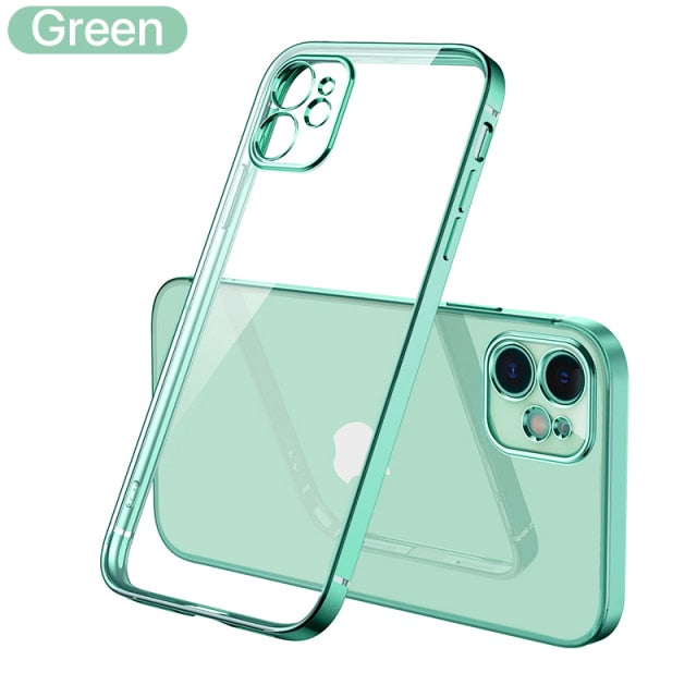 Clear silicone iPhone case with square gold-tone frame for iPhone 11 to 13 Pro Max, showing the transparent cover and stylish design.