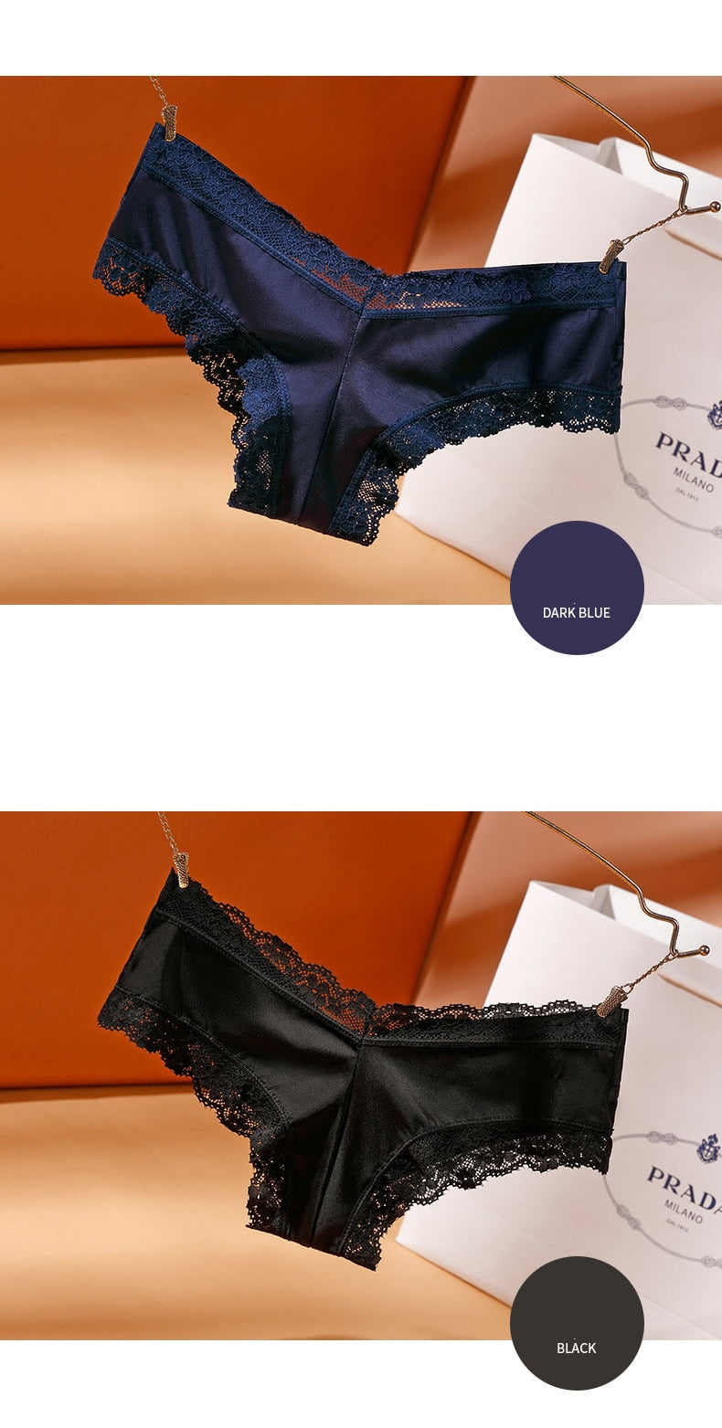Lace silk satin briefs from The Clothing Company Sydney featuring hollow-out design and comfortable fit.