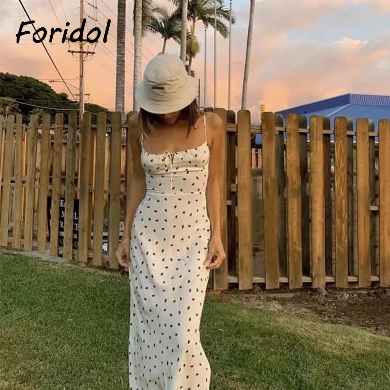 Strawberry print white chiffon boho maxi dress with spaghetti straps, sleeveless summer beach dress by The Clothing Company Sydney