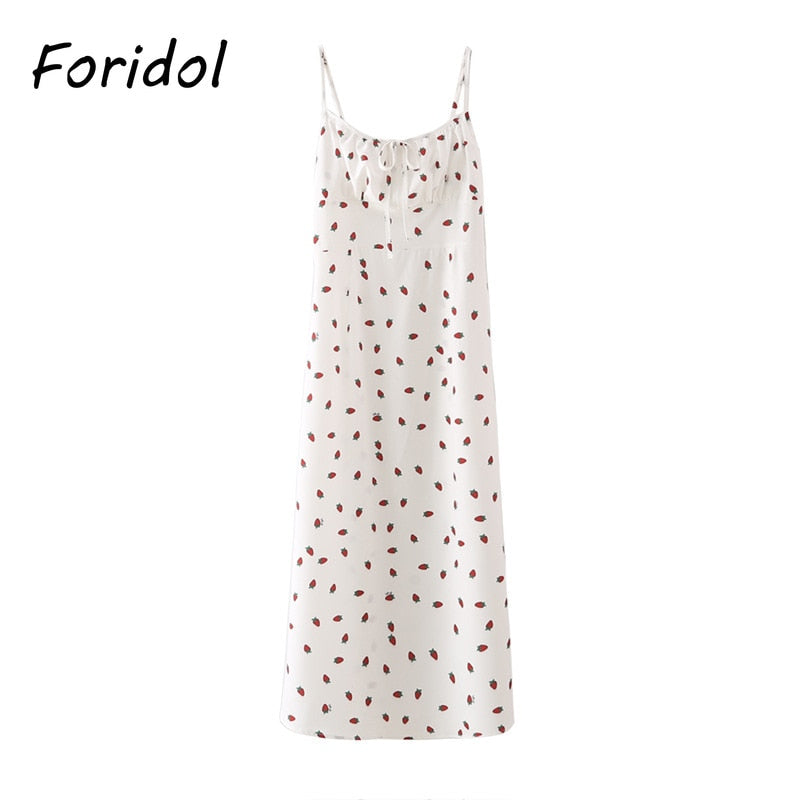 White chiffon boho maxi dress with strawberry print, spaghetti straps, sleeveless design, perfect for summer beachwear by The Clothing Company Sydney.