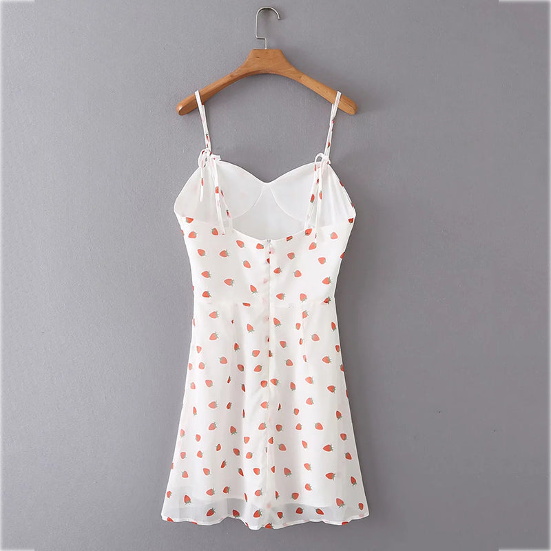 Strawberry print white chiffon boho summer maxi dress with spaghetti straps, sleeveless, vintage style from The Clothing Company Sydney.